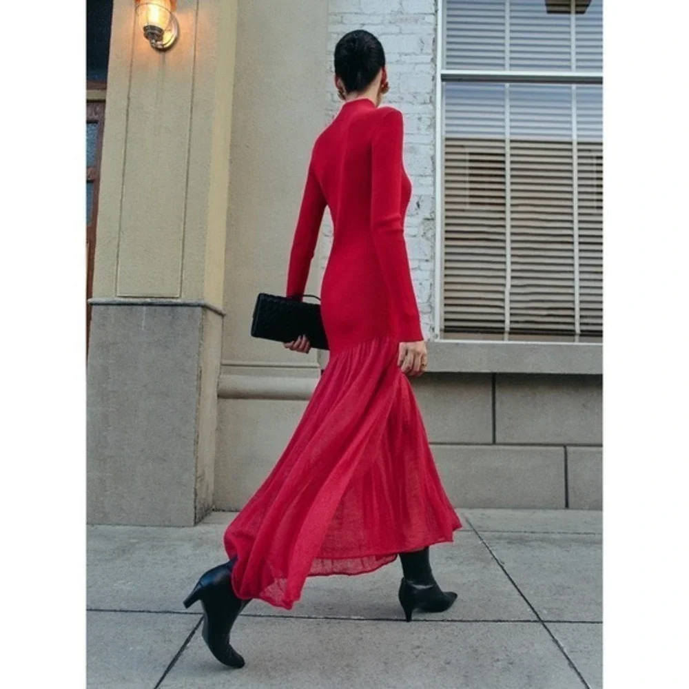 Commense Red‎ Knit Maxi Dress Turtleneck Long Sleeve Evening Cocktail Dress